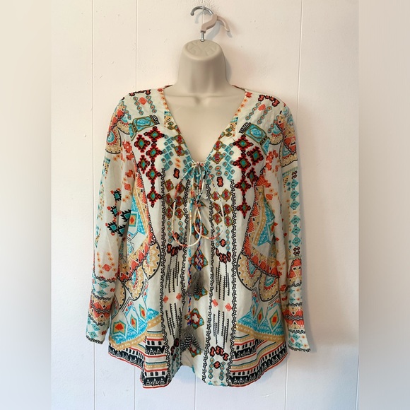 Rococo Sand Boho Embroidered Colorful 100% Silk Blouse size M - Picture 1 of 9